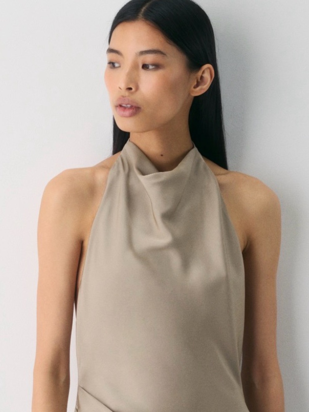 Ro&De Draped Halter Bodysuit in Taupe satin